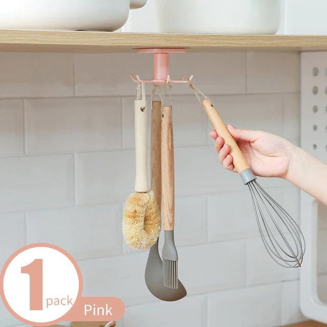 Under-Counter Rotating Kitchen Utensil Storage 6-Hook Organizer