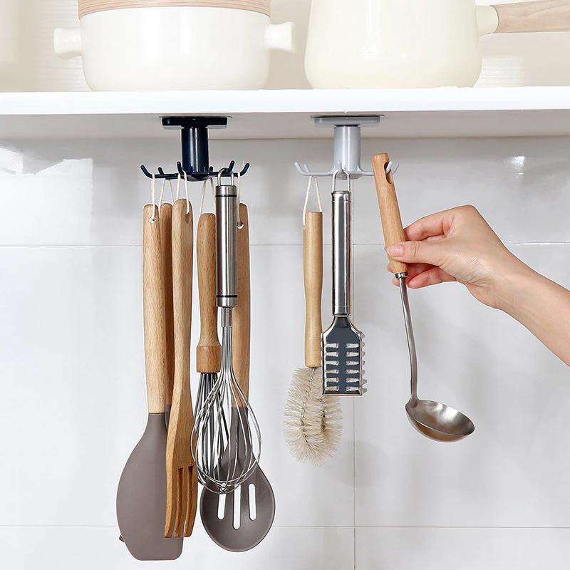 Under-Counter Rotating Kitchen Utensil Storage 6-Hook Organizer