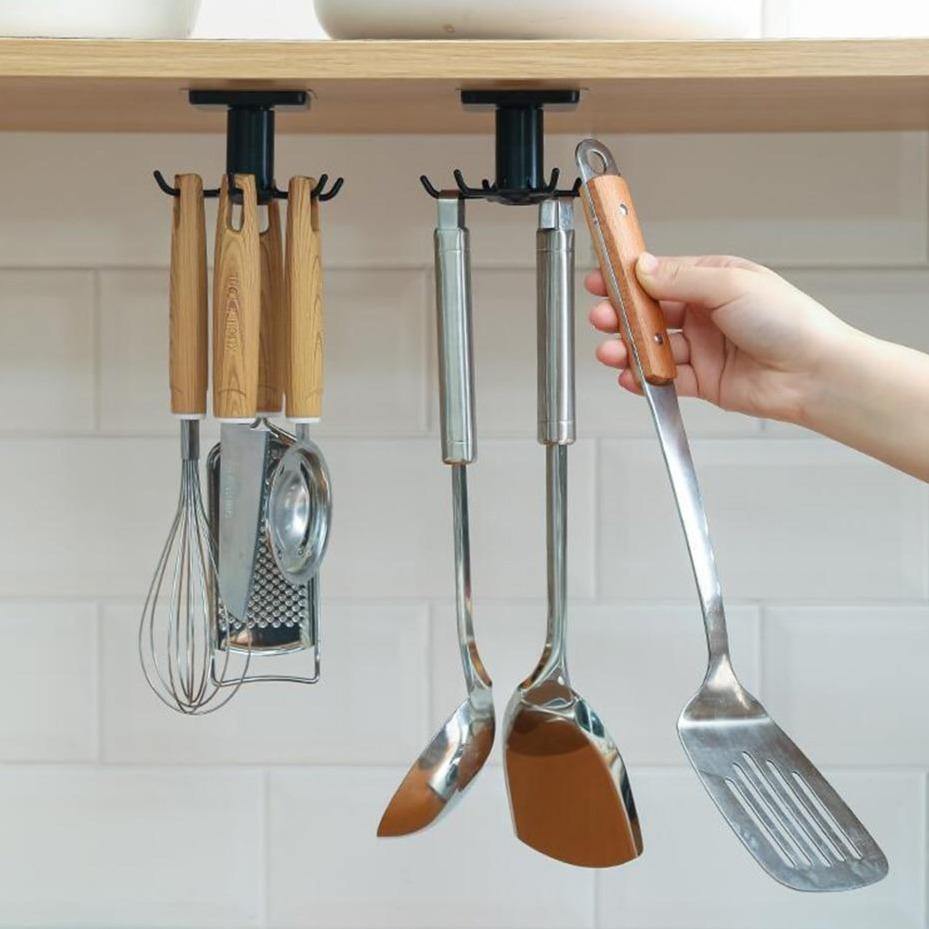 Under-Counter Rotating Kitchen Utensil Storage 6-Hook Organizer