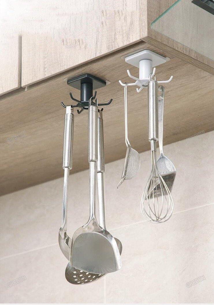 Under-Counter Rotating Kitchen Utensil Storage 6-Hook Organizer
